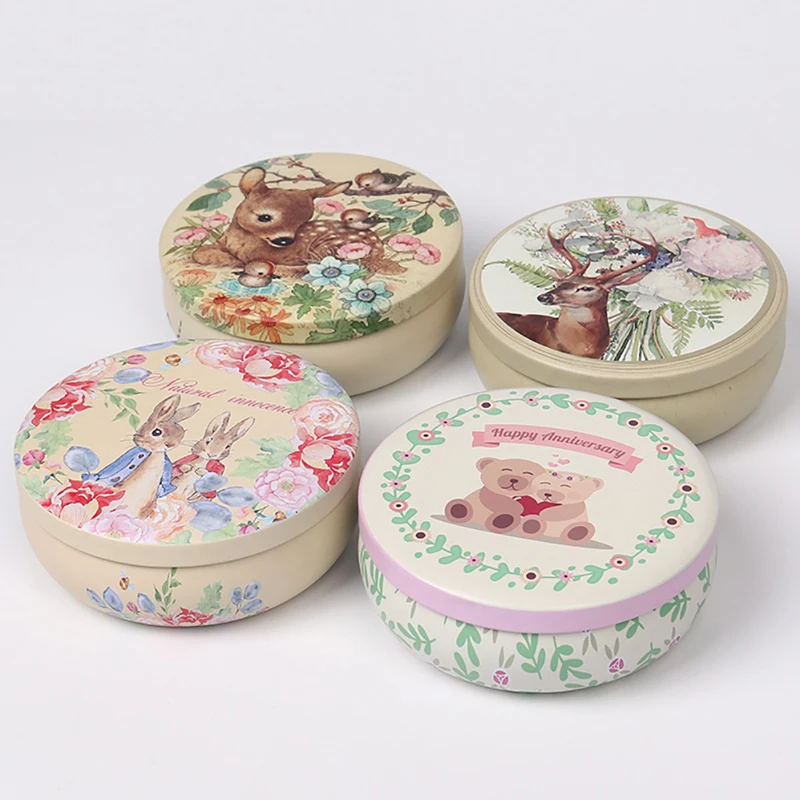 1PC Multi-Style Mini Round Pocket Tea Sugar Coffee Storage Box Tin Box Kitchen Flower Drawing Style Mousse Cake Packaging Gifts