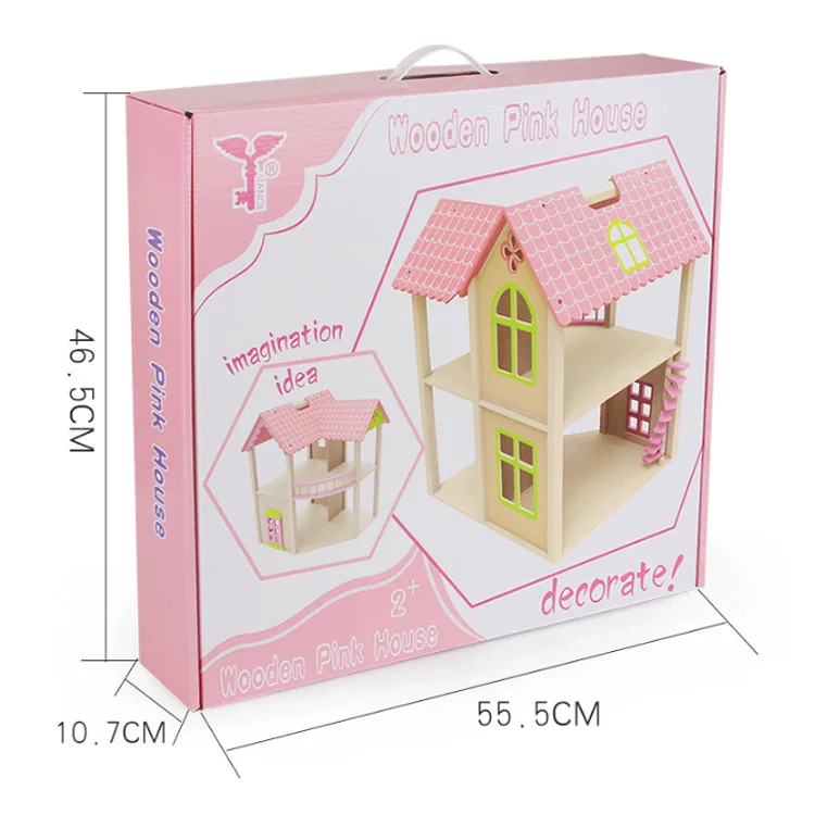 

Wooden DIY Pink Large Villa Wood GIRL'S And BOY'S Children Play House Large Size Educational Assembled Model Big House