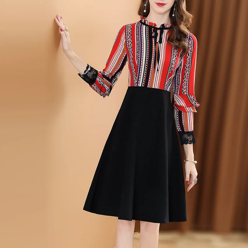 

Europe And America Mock Two-Piece Chiffon Dress Women's Spring 2020 New Style Stripes Printed Waist Hugging Slimming Elegant Ski