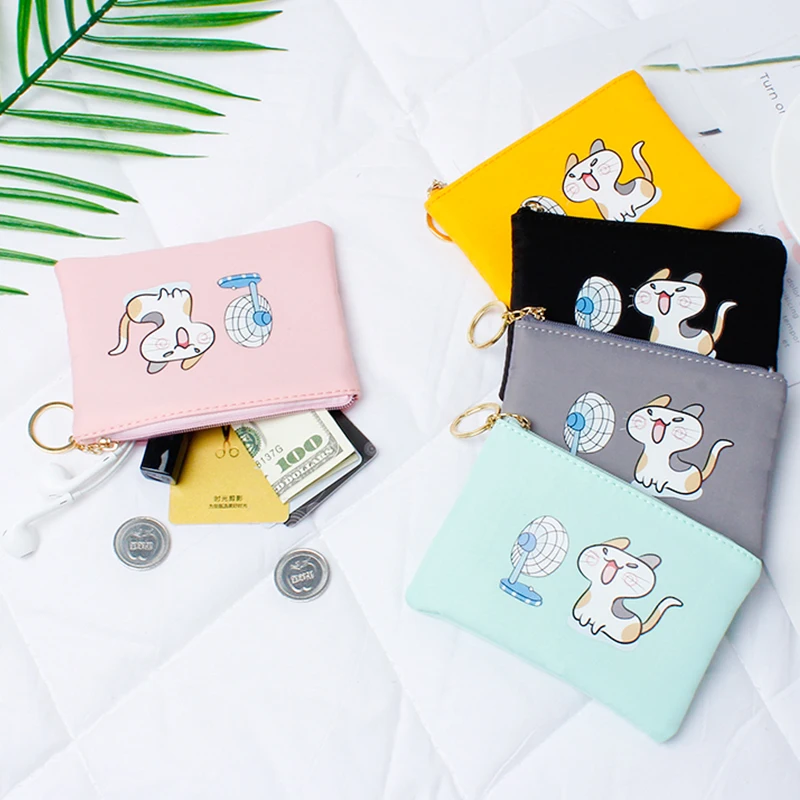 Детские кошельки для девочек, держатель для монет, Kawaii, животные, кошка, вентилятор, женские Мини кошельки для мелочи, сумка для денег, Детская сумочка на молнии, подарок