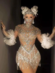 Shining Rhinestone Tassel Dance Dress Gloves Sexy Mesh Perspective Crystal Leotard Singer Dancer Stage Wear Nightclub Outfit