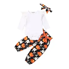 Осенний костюм тыквы на Хэллоуин для новорожденных девочек и мальчиков, белый комбинезон, штаны, повязка на голову, праздничный комплект одежды