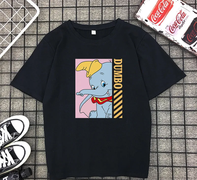 Милый слон с крыльями мультфильм Dumbo рубашка женщин животных o-образным вырезом короткий рукав печати топы футболки Повседневная одежда Повседневная футболка для женщин - Цвет: black2
