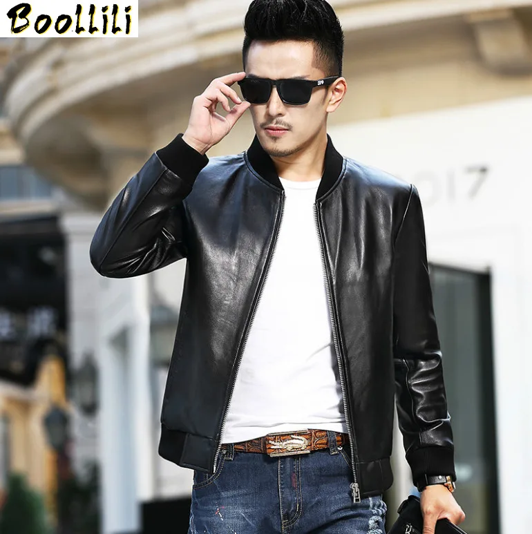 

Boollili Men's Leather Jacket Short Genuine Sheepskin Leather Coat for Men Spring Autumn Bomber Jacket Veste Cuir Homme