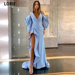 LORIE Sexy Evening Dresses 2021 V-Neck Pleats Short Puff Sleeves High Side Split Formal Arabic Prom Gown Celebrity Party Dress