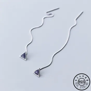 

925 Sterling Silver Minimalist Geometric Black Triangle Shape Long Chain Ear Dangle Drop Earrings Fine Jewelry for Women
