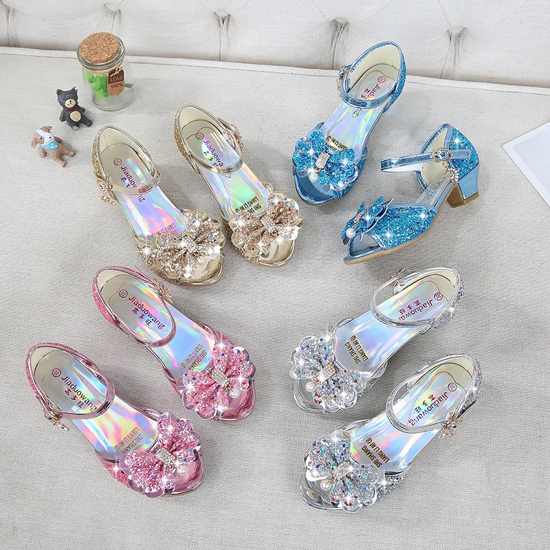 ULKNN Kids Leather Shoes for Girls Flower Casual Glitter Children High Heel 2021 Girls Shoes Butterfly Knot Blue Pink Silver children's sandals