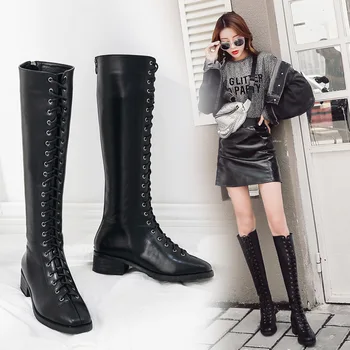 

size lace-up boots Women's thick heel Knight boots low heel high boots velvet punk women's boots