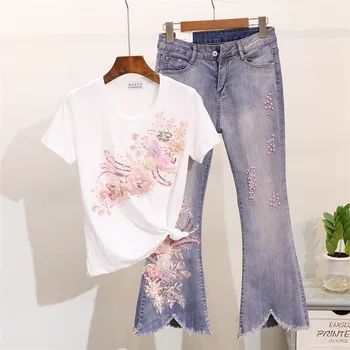 

Spring Summer Tops Flare Jeans Pants Women 2 Piece Set 2020 Beading Embroidery 3D Flower Cotton T-Shirt Denim Trousers Suit