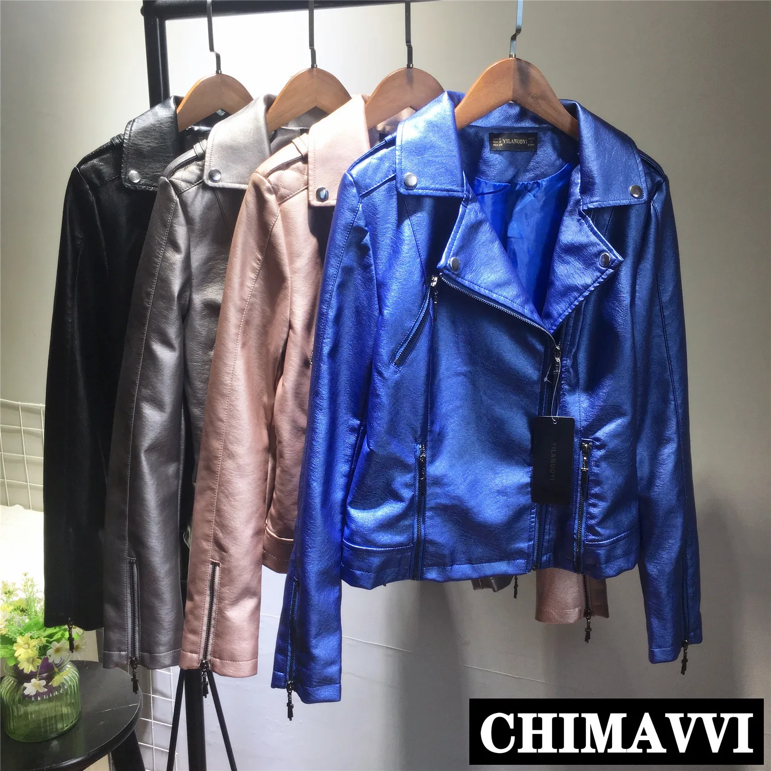 

PU Leather Jacket Women's Korean Spring Autumn New Metal Bright Face Leather Jackets Female Slim Zipper Short Motorcycle Coat