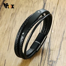 Vnox высококачественные слоистые кожаные браслеты для мужчин с черной биркой из нержавеющей стали мужские повседневные мужские ювелирные изделия