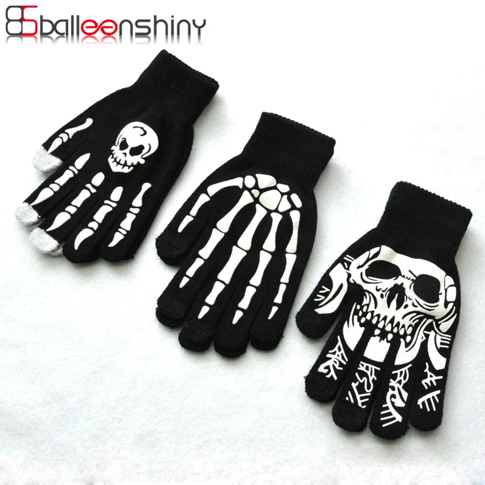 Balleenshiny Fluorescent Skeleton Gloves for Children Boys Girls Mittens Skull Gloves Warm Winter Print Knitting Luminous Gloves