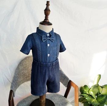 

Boys Clothing Sets 2pcs Gentleman Suit Short-Sleeved romper tie bow +Denim Overalls For 0-2 Years Kids baby boys clothes set