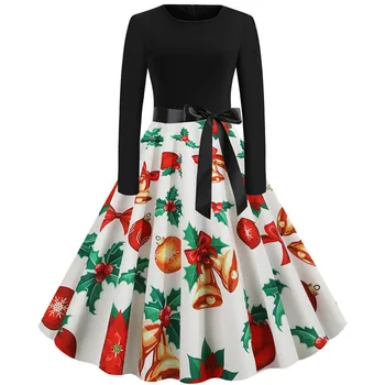 

Long Sleeve Black White Print Winter Christmas Dresses Women Vintage Robe Swing Pinup Elegant Party Dress Plus Size Vestidos