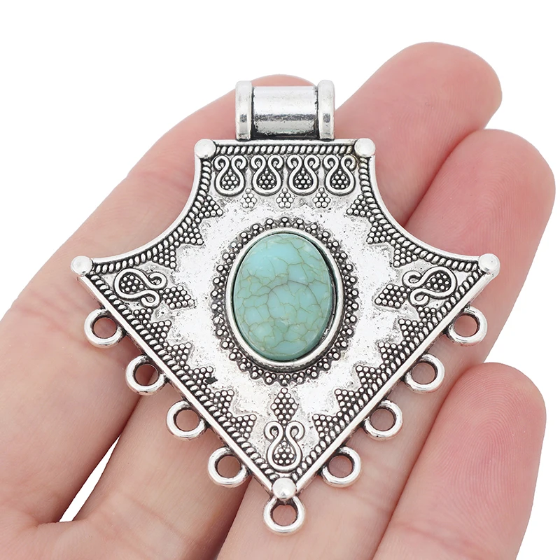 3 x argento tibetano grande Boho lampadario connettore Charms pendenti ovali Faux turchese per monili che fanno i risultati 58x52mm