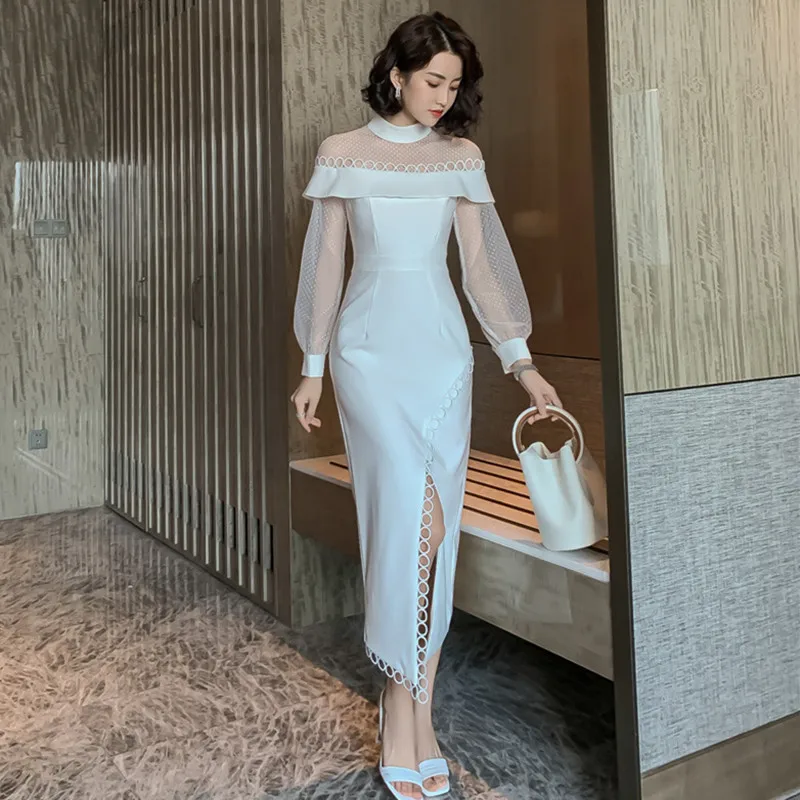 

2019 High-end Women Stand Collar Long Sleeve Slim Elegant Dresses Autumn Mesh Patchwork Dress Bodycon Prom Party Dress Vestidos