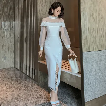 

2019 High-end Women Stand Collar Long Sleeve Slim Elegant Dresses Autumn Mesh Patchwork Dress Bodycon Prom Party Dress Vestidos