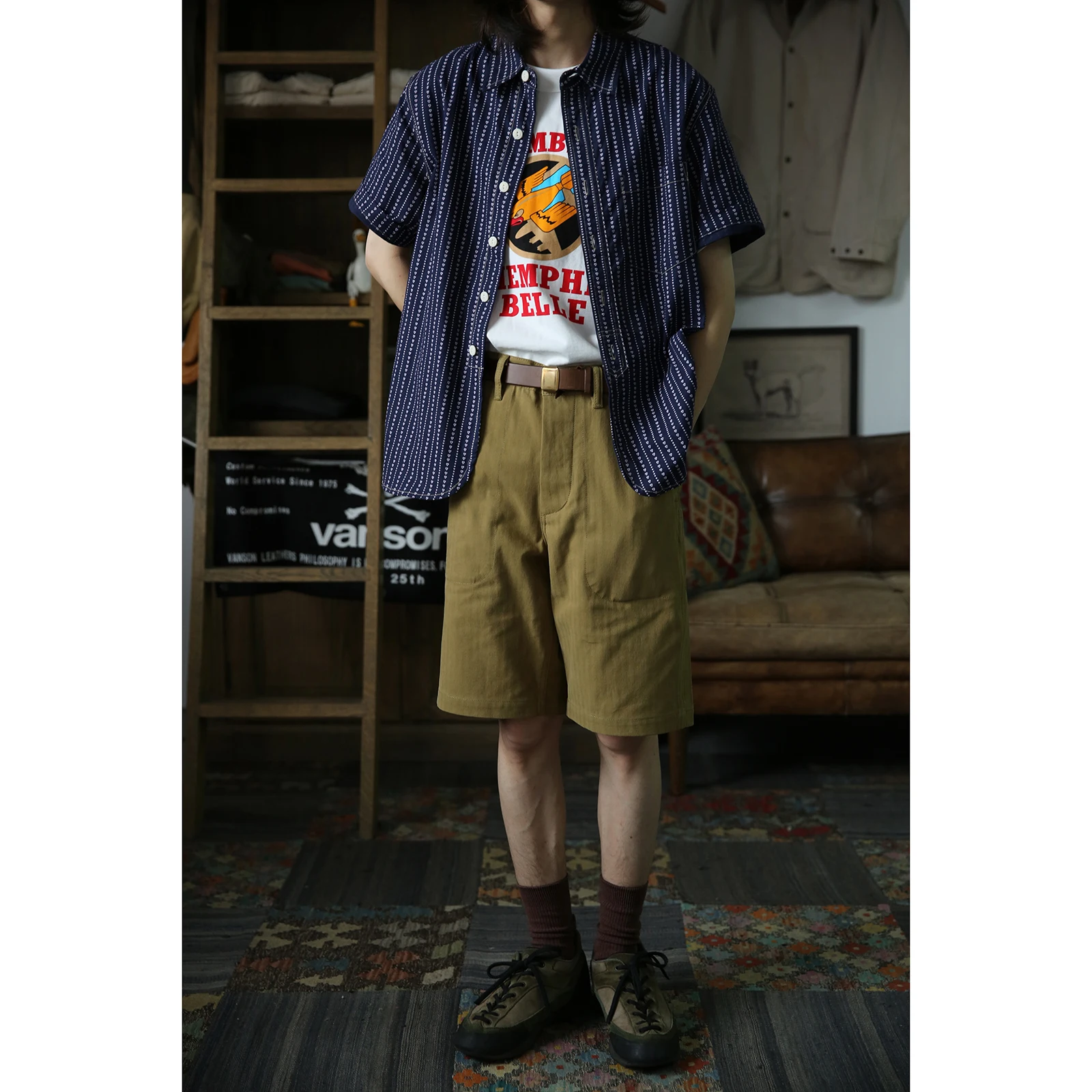 BOB DONG Heart-Shaped Wabash Shirt Indigo Heritage Mens Workwear Striped Shirts 3