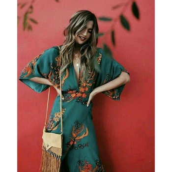 

New Fashion Women's V Neck Half Sleeve Dress Boho Floral Print Dress Ladies Casual Long Dress Beach Party Sundress Summer