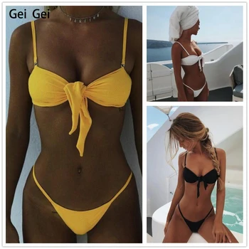 

Bikini Swimsuit Women's New Retro Sexy Knotted Bra Biquini Swimsuit Set Brazil Beach Sling Backless Low Waist Thong Swimsuit