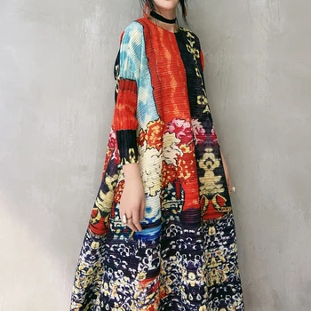 

TVVOVVIN2020 New Spring Print Round Collar Colorblock Long Pleated Dress Women Vintage Loose A-line Temperament Dress Tide PD783