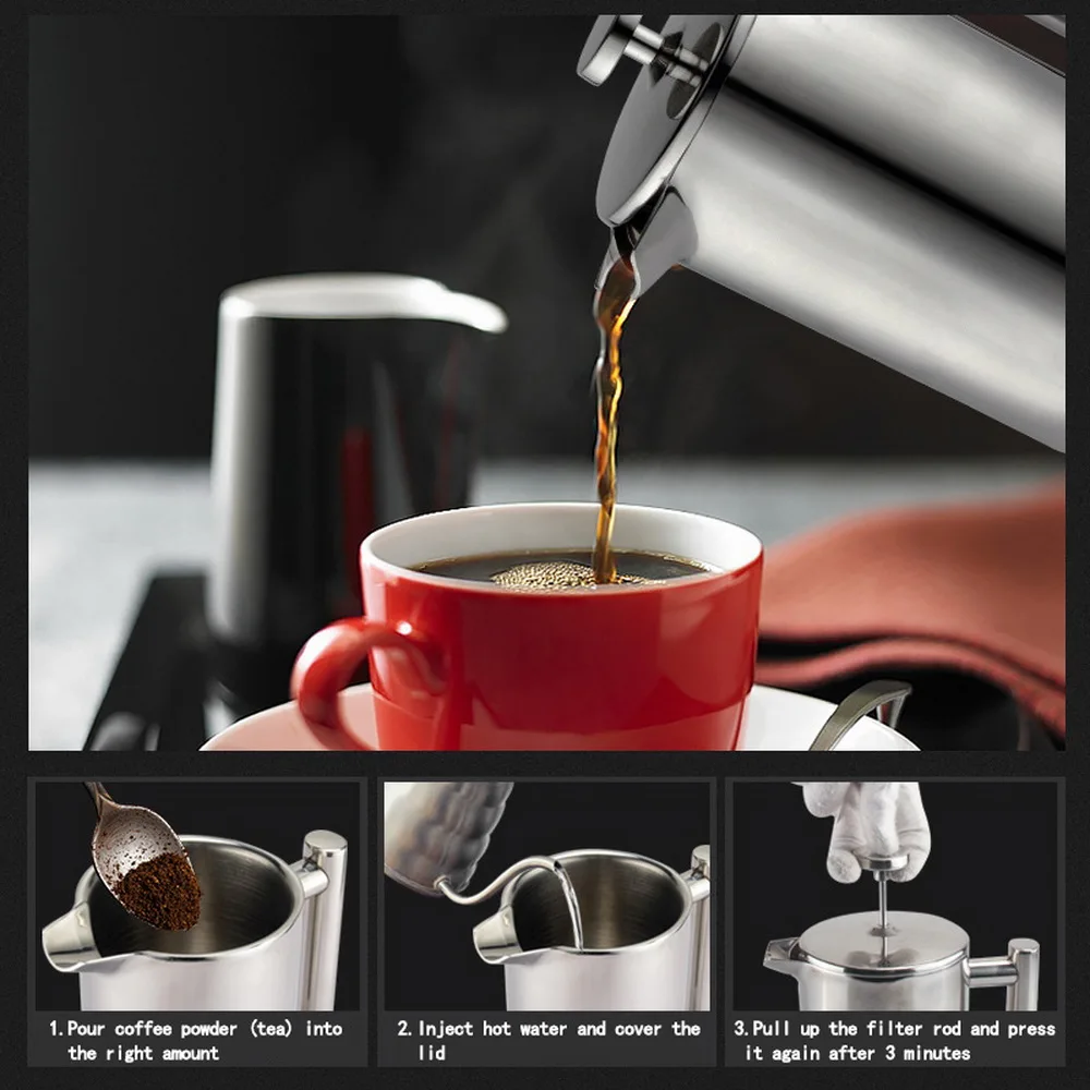 Лучшая кофеварка с двойными стенками из нержавеющей стали, заварочный чайник с изоляцией для кофе, с одним фильтром, корзина 350 мл-1000 мл