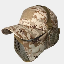 Máscara táctica plegable, gorra de béisbol, Paintball ajustable, media cara, malla de acero al carbono, protección para las orejas para caza Airsoft