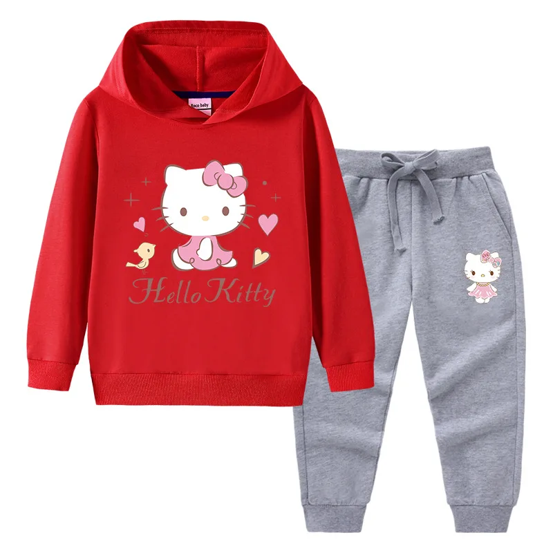 thumbnail image 1 of Hello Kitty-suéter con capucha y cuello alto para niños, pantalones de dos piezas con dibujos animados para niño, traje deportivo informal de manga larga de algodón puro, 1 of 5