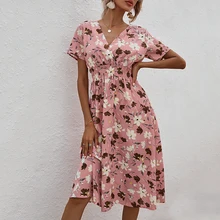

Summer Women's Dress 2021 V-Neck Short Sleeve Floral Printed Elegant Casual Midi Long Beach Sundress Robe Vestidos