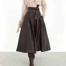 Модная Однотонная юбка с высокой талией и бантом из мягкой кожи, Длинная женская юбка F986