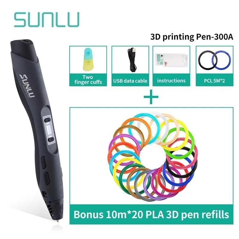 SUNLU SL-300A 3D Ручка черный цвет низкая температура 3D ручки для рисования детей Scribble поддержка PCL/ABS/PLA нити - Цвет: SL-300A-10.20Black