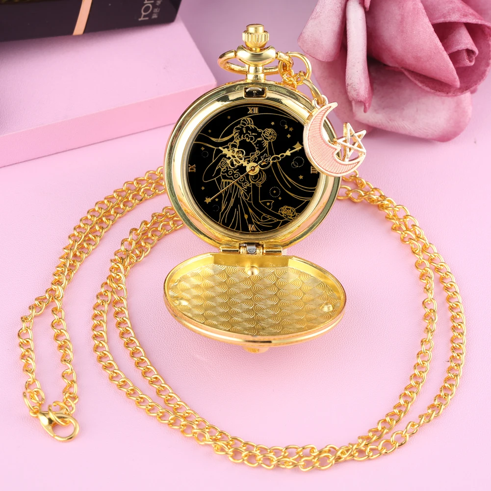 Fancy Color Diamond Case Cover Pocket Watch Girls Sailor Moon Dial for Female Red Moon Pendant 2