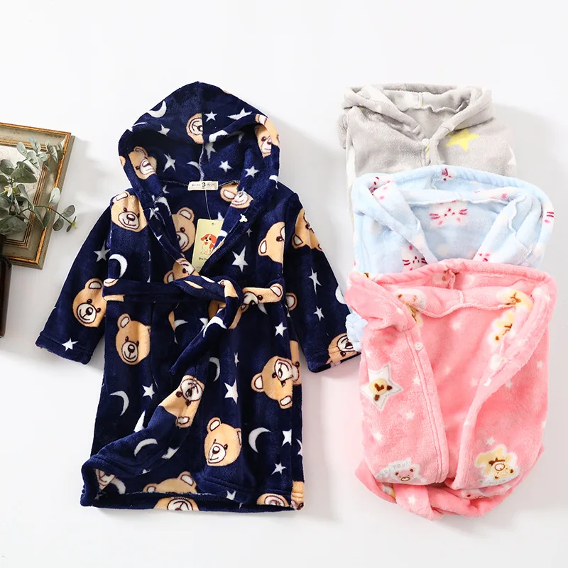 

2020 Winter Baby Girl Bathrobes Kids dressing gown Soft Flannel Warm Cartoon Hooded Children Robe Towel Toddler Boys Clothes