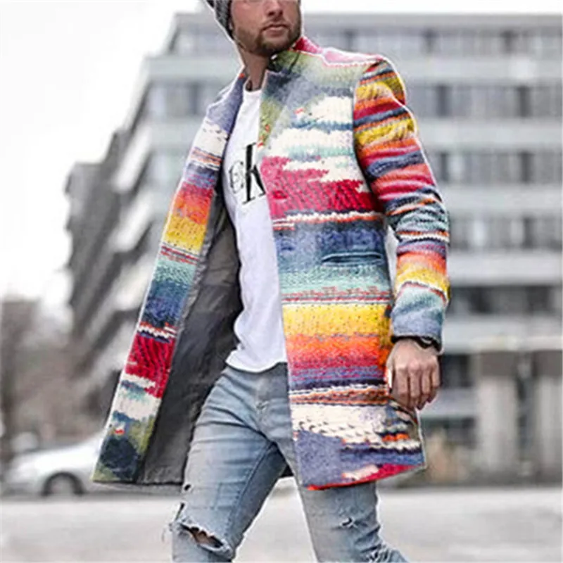 Winter Wool Coat Men Leisure Seven-color Rainbow Stripes Slim Wool Fashion Mens Jackets Vintage Jacket Men Coat Casual Winter Wool Coat Men Leisure Seven-color Rainbow Stripes Slim Wool Fashion Mens Jackets Vintage Jacket Men Coat Casual