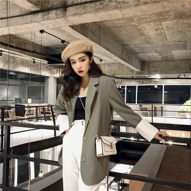 

2019 Korean-style New Style Women's Network Red Celebrity Style Small Suit Hong Kong Style Retro Contrast Color Lace-up Solid Co