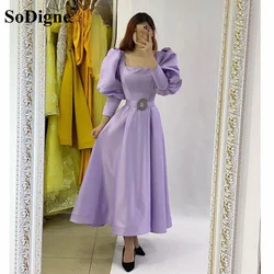 SoDigne Simple Purple A Line Evening Dresses 2021 Satin Long Sleeve Formal Girls Prom Pageant Party Gowns robe de soiree
