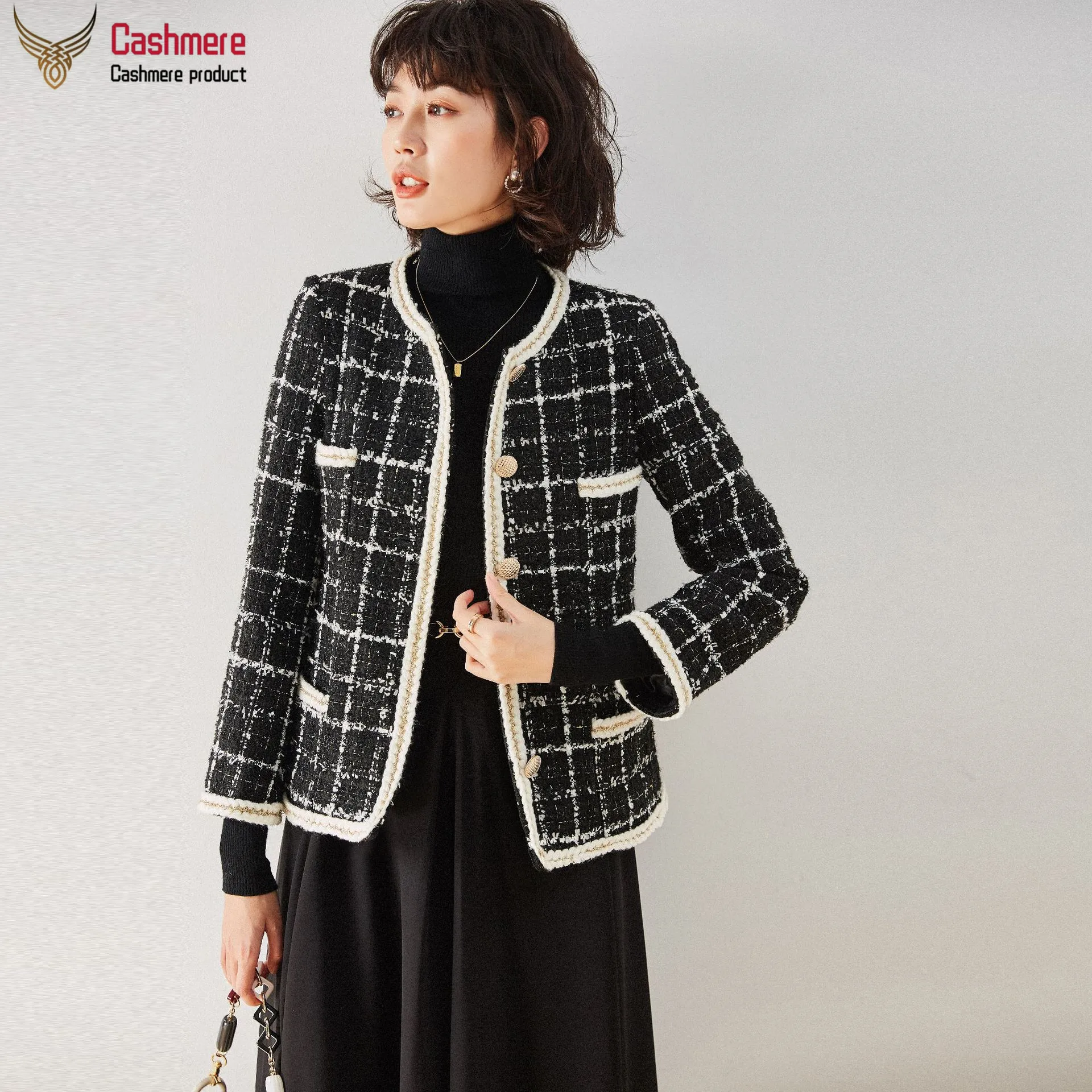 

Jacket Women Short Black White Lattice Coat Round Neck Jacket Female Braided Jacket 2023 Autumn Small Fragrance Style Coat