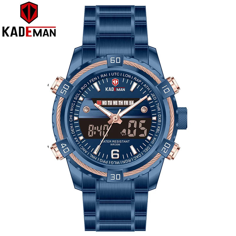 Blue Blue KADEMAN, топ класса люкс, Брендовые мужские спортивные часы, аналоговые, цифровые, двойной дисплей, подсветка, ремешок из нержавеющей стали, Relogio Masculino K6173G - Цвет: Blue Blue