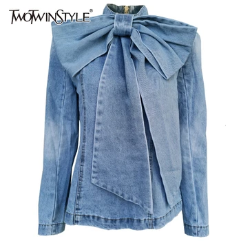

TWOTWINSTYLE Patchwork Bow Denim Women's Jacket Stand Collar Long Sleeve Vintage Ruched Jackets For Female 2020 Fashion Clothing