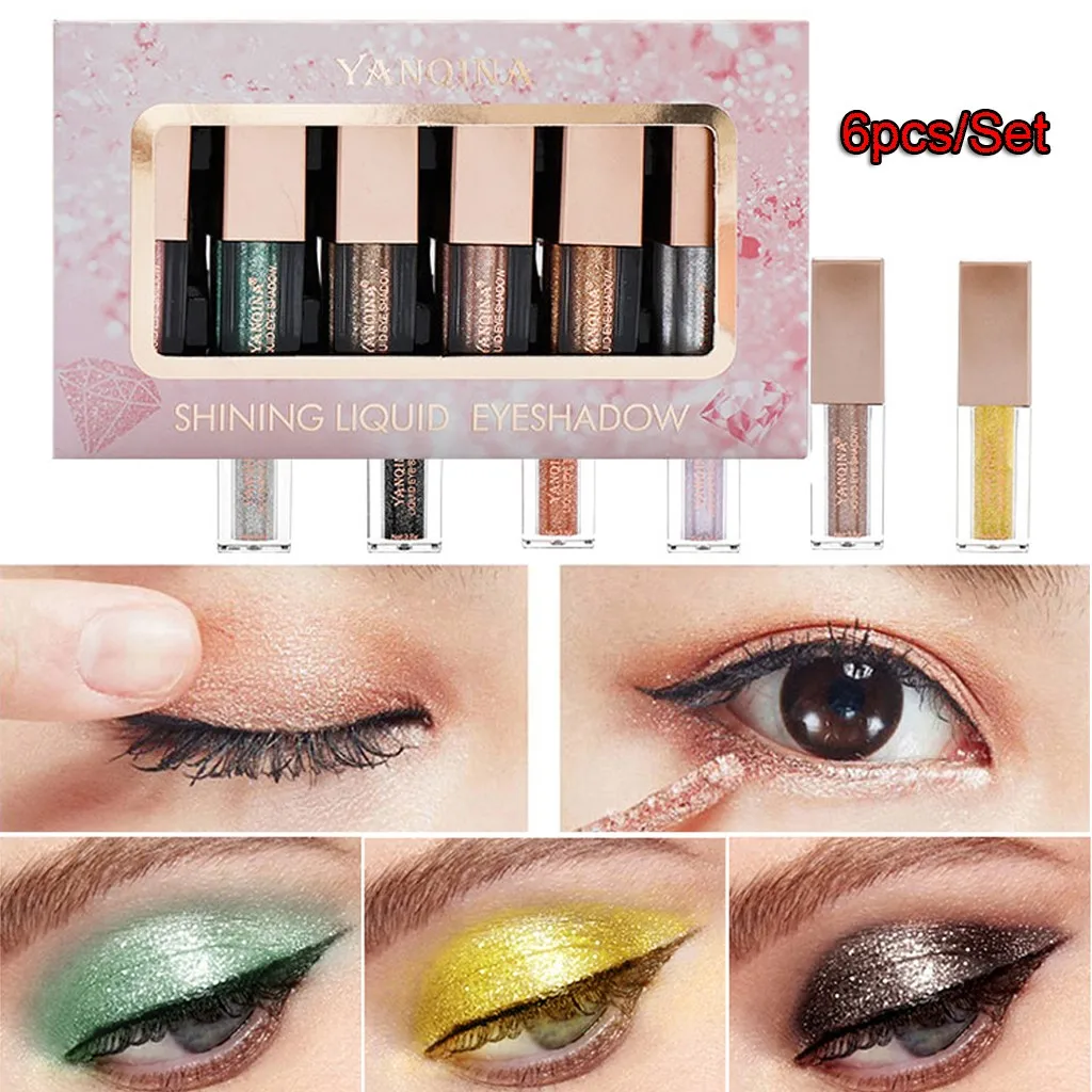 

YANQINA Portable 6 Colors/Set Metallic Shiny Smoky Eyes Eyeshadow Waterproof Glitter Liquid Eye Shadow
