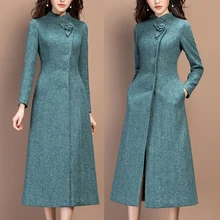 Зимнее осеннее винтажное Женское шерстяное длинное пальто с воротником «Мандарин» с зеленой розой, Женское пальто, осеннее приталенное пальто из шерсти 3xl