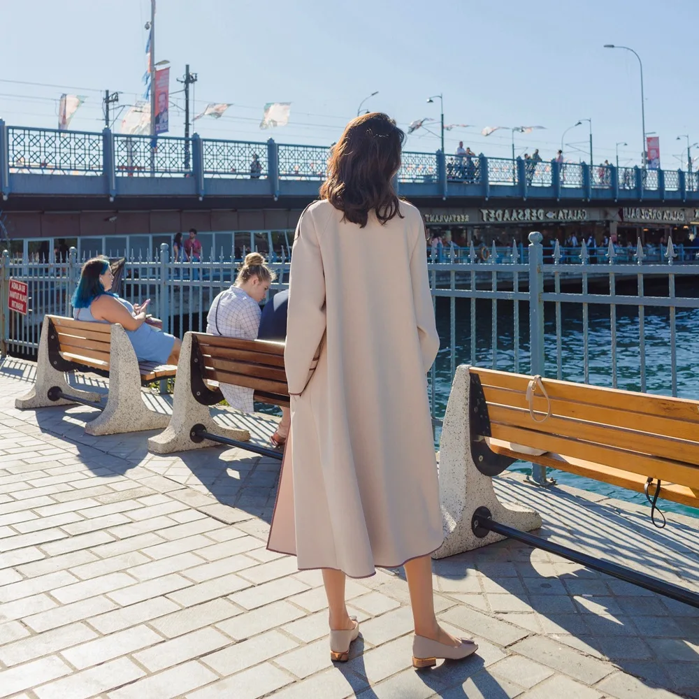 

Photo Shoot 2018 Autumn New Style WOMEN'S Dress-Style Retro Elegant Covered Edge Contrast Color Long over-the-Knee Trench Coat