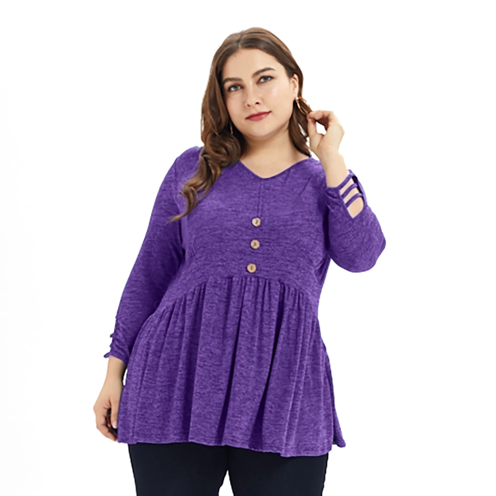 

5XL Plus Size Women Tops Pleated Long Sleeve T Shirt Women Casual Button V Neck Tee Autumn Female camisa feminina Streetwear D30