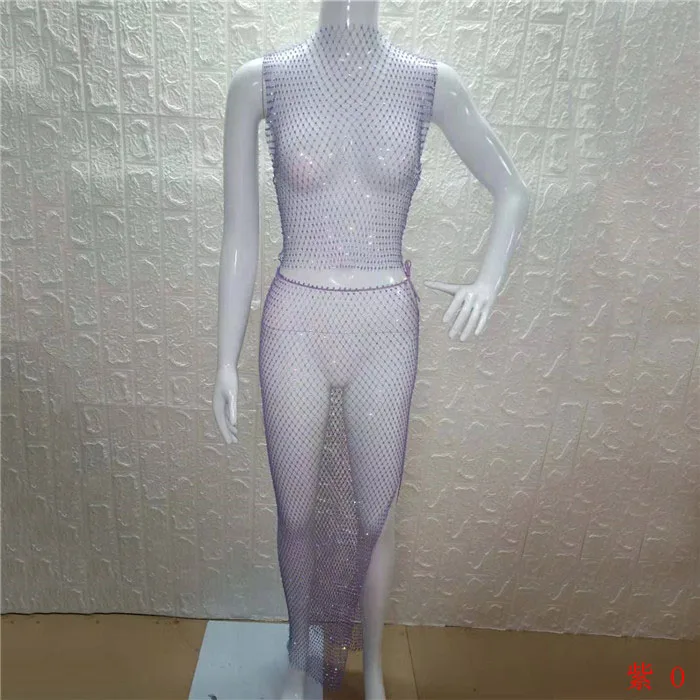 Purple O Neck Блестящая клетчатая одежда со стразами; комплект из 2 предметов; сетчатый топ; пикантная трикотажная юбка-карандаш; женские комплекты одежды; пляжная одежда - Цвет: Purple O Neck