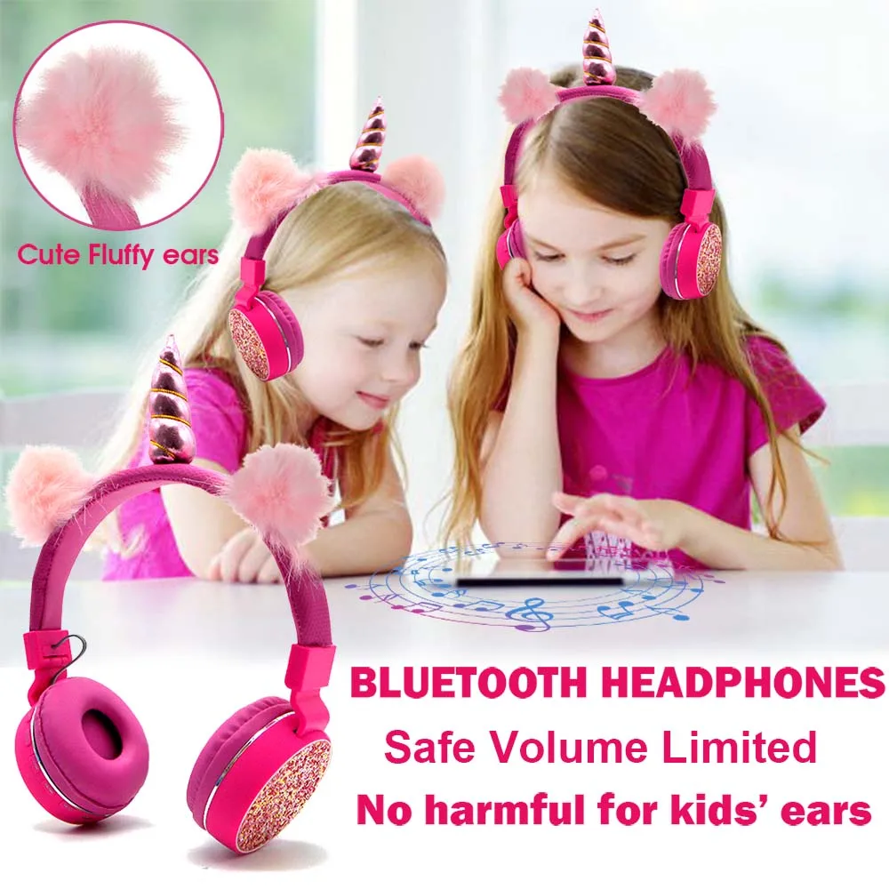 JINSERTA Unicorns Earphone Stereo Bluetooth Kids Headphones FM Radio With Mic Support Handsfree TF Card AUX