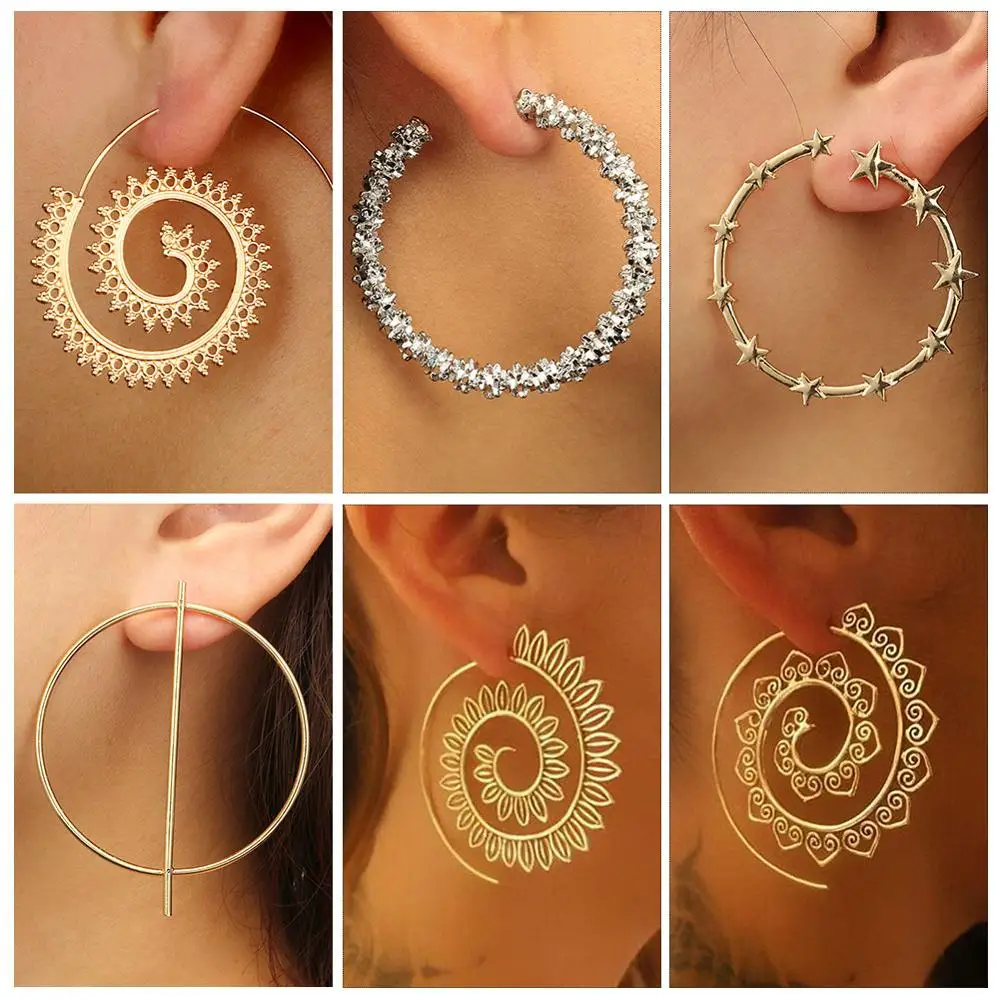 BRAVEKISS Simple Hollow Round Spiral Hoop Earrings For Women Vintage Circle Leaf Gear 2020 Fashion Jewelry BPE1446 | Украшения и