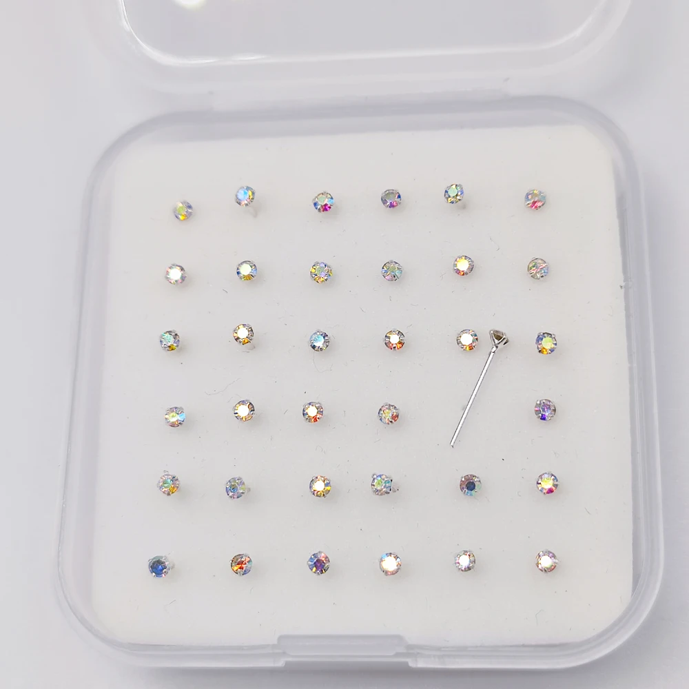 925 Sterling silver nose stud 2.0mm clear crystal straight silver nariz piercing jewelry 36pcs with new packing box