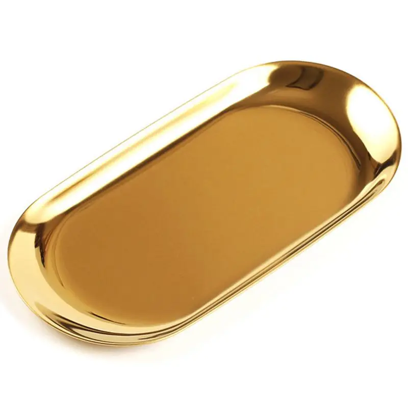 Metal Storage Tray Gold Oval Dotted Fruit Plate Small Items Jewelry Display Mirror | Дом и сад