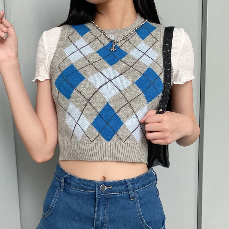 

Preppy Style Argyle Crop Knit Gray Sweater Vest Women 2020 Sleeveless Vintage Plaid 90s Casual Pullovers Y2K Top Knitwear Jumper
