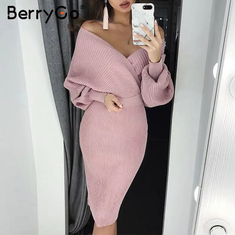 v neck knit sweater dress